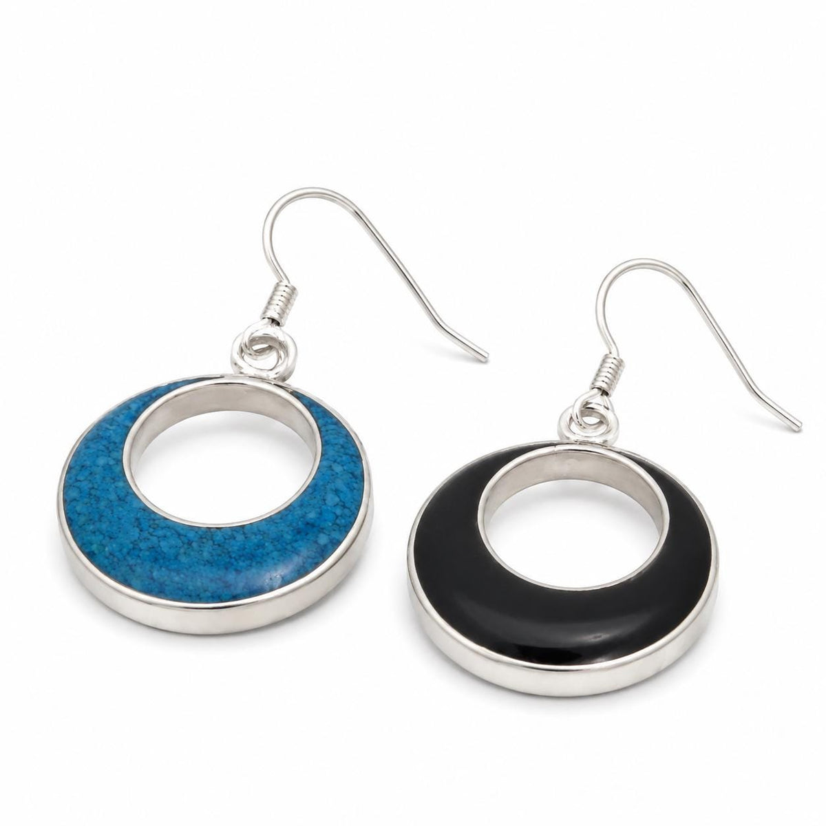 Reversible Silver Plated Hoop Earrings, Black Blue Resin, Taxco Artisan Jewelry