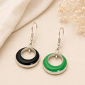 Reversible Resin Hoop Earrings – Silver Plated Green Black, Taxco Artisanal Jewelry