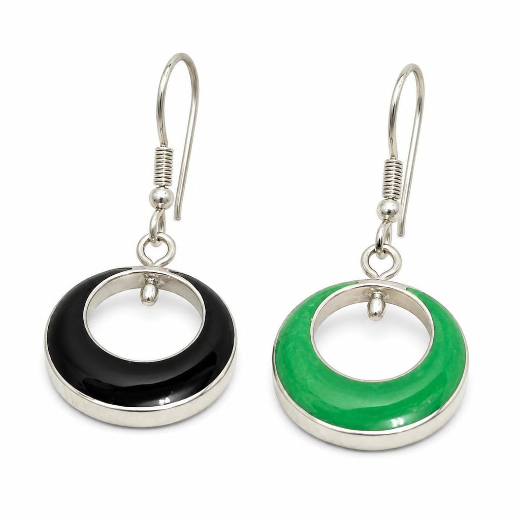 Reversible Resin Hoop Earrings – Silver Plated Green Black, Taxco Artisanal Jewelry