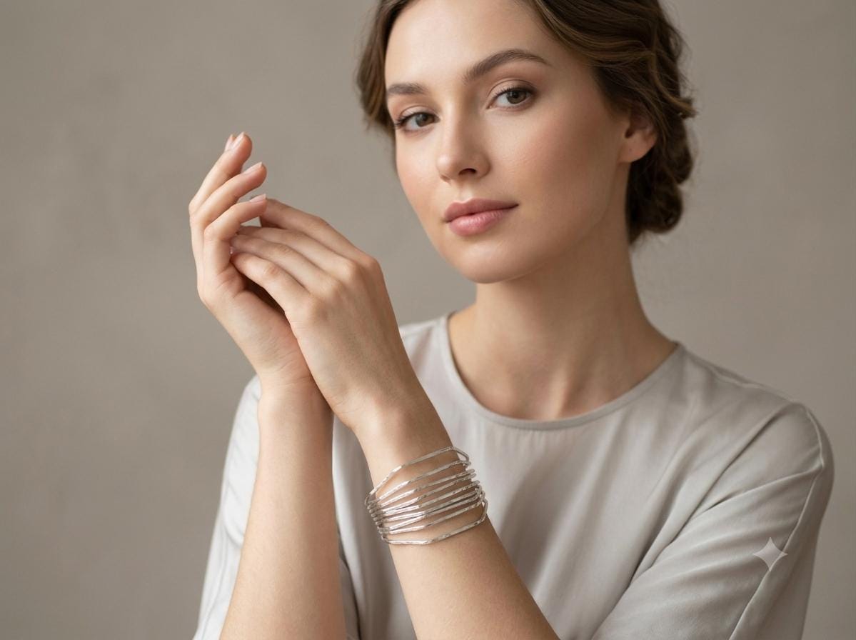 Set of 7 Silver Plated Hexagonal Bracelets – Boho Mexican Bangle Collection