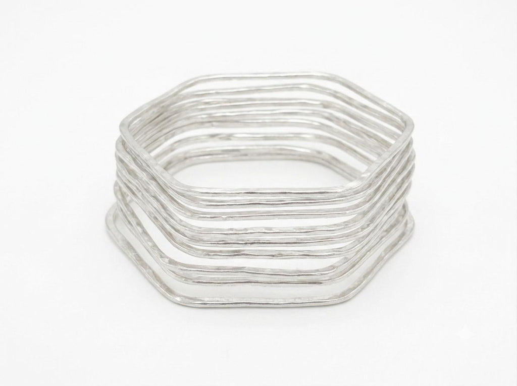 Set of 7 Silver Plated Hexagonal Bracelets – Boho Mexican Bangle Collection