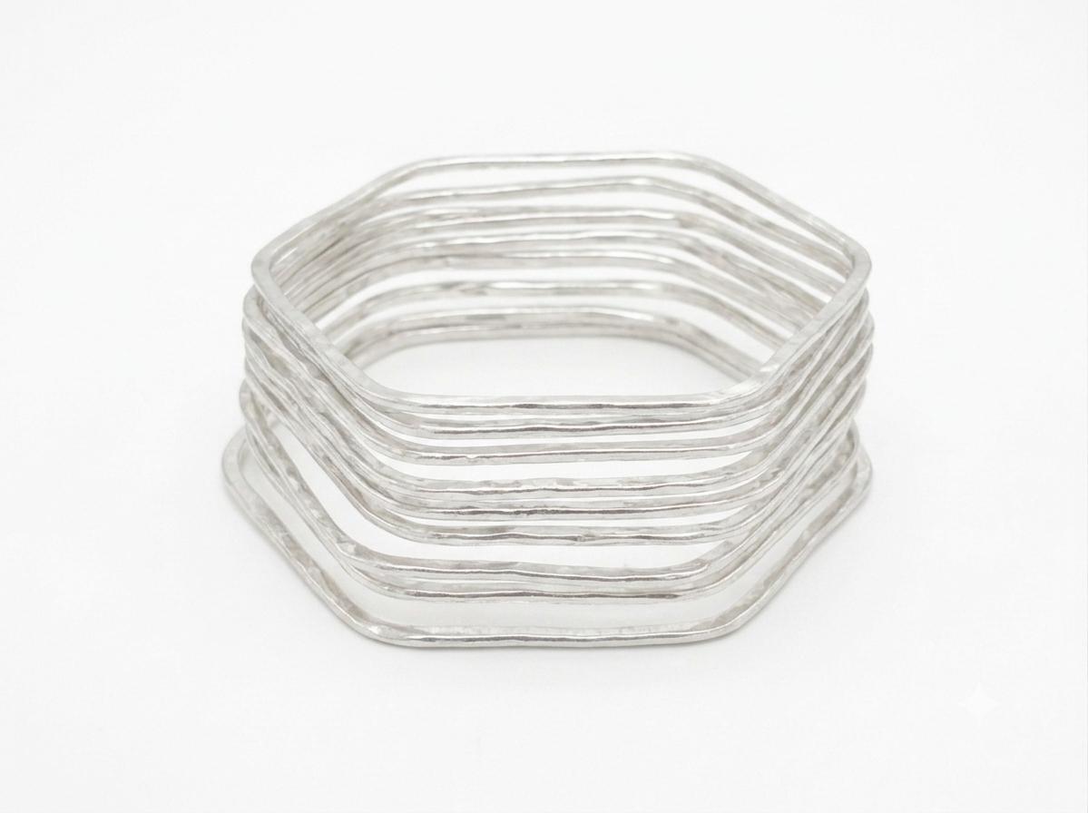 Set of 7 Silver Plated Hexagonal Bracelets – Boho Mexican Bangle Collection