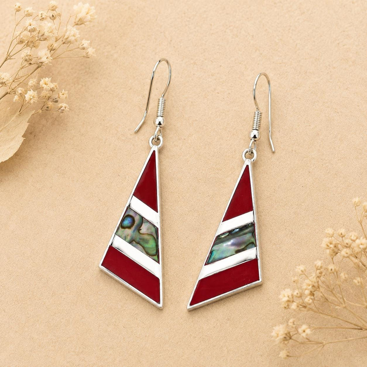 Handcrafted Triangle Abalone Earrings with Red Enamel Resin – Silver Plated Artisan Jewelry from Mexico
