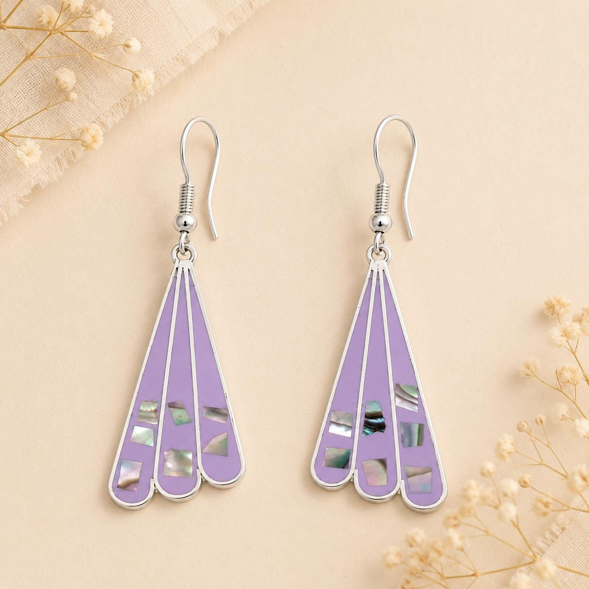 Handmade Silver Plated Abalone Inlay Fan Earrings in Art Deco Style from Mexico