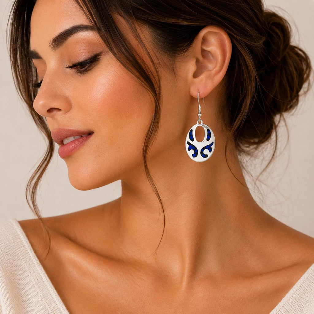 Handmade Silver Plated Mexican Earrings with Blue Black Resin, Unique Boho Chic Design