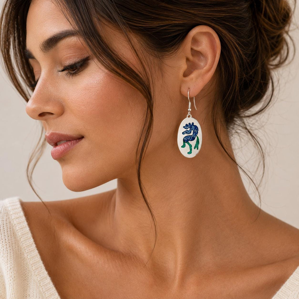 Silver Plated Kokopeli Earrings: Malachite Turquoise Enamel Dangle, Artisan Mexican Jewelry