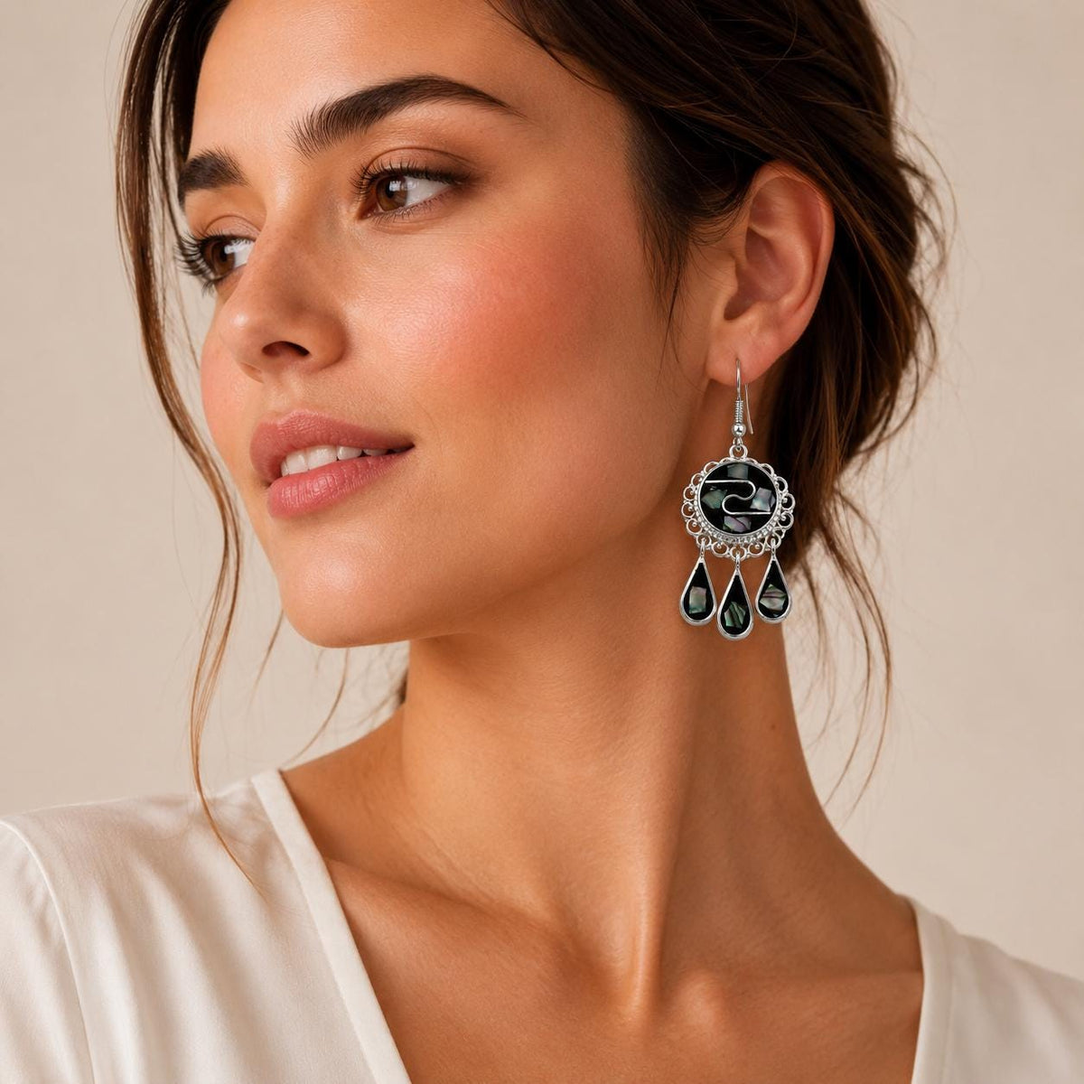 Art Deco Abalone Tassel Earrings – Silver Plated Boho Chic Jewelry