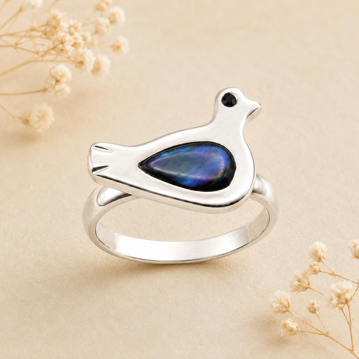 Silver Plated Duck Ring, Dyed Abalone, Artisan Mexican Jewelry