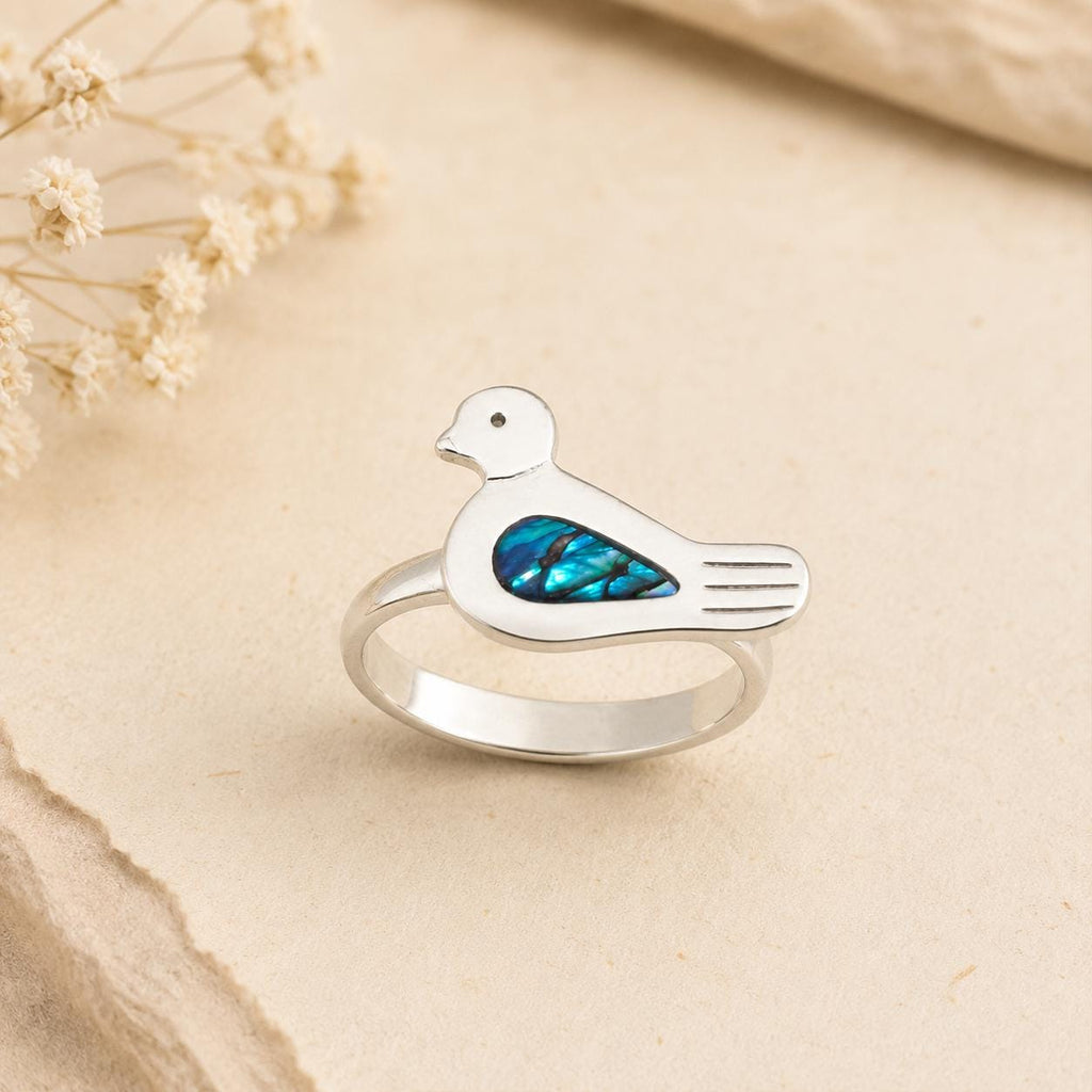 Silver Plated Duck Ring with Blue Abalone – Art Deco Mexican Jewelry