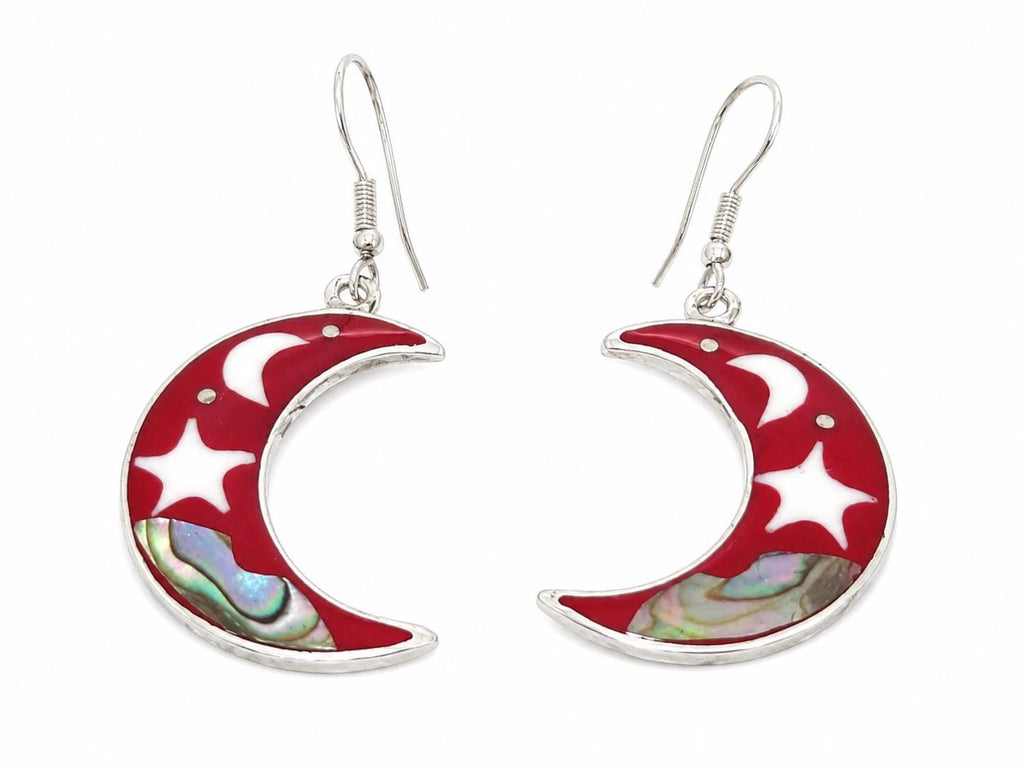 Silver Plated Celestial Moon Star Earrings, Abalone Nacre Resin, Taxco Mexico Boho Chic