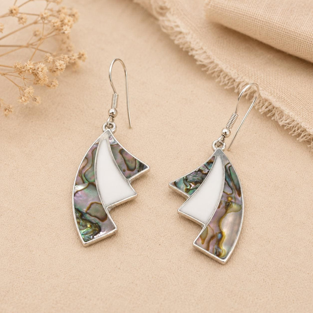 Silver Plated Abalone Fan Earrings: Mexican Art Deco Enamel Resin Geometric Design