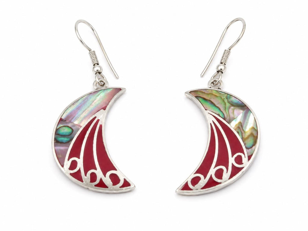 Silver Plated Mexican Abalone Shell Crescent Moon Earrings – Red Enamel Artisan Jewelry