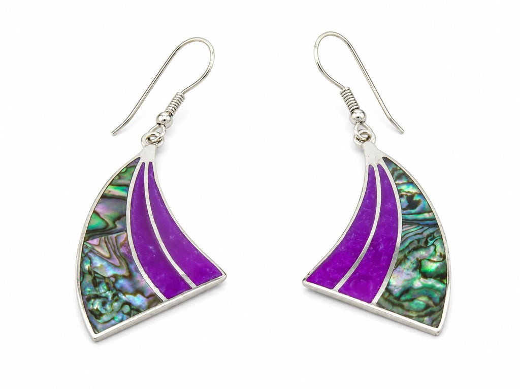 Art Deco Abalone Shell Bougainvillea Resin Earrings, Silver Plated Taxco Jewelry