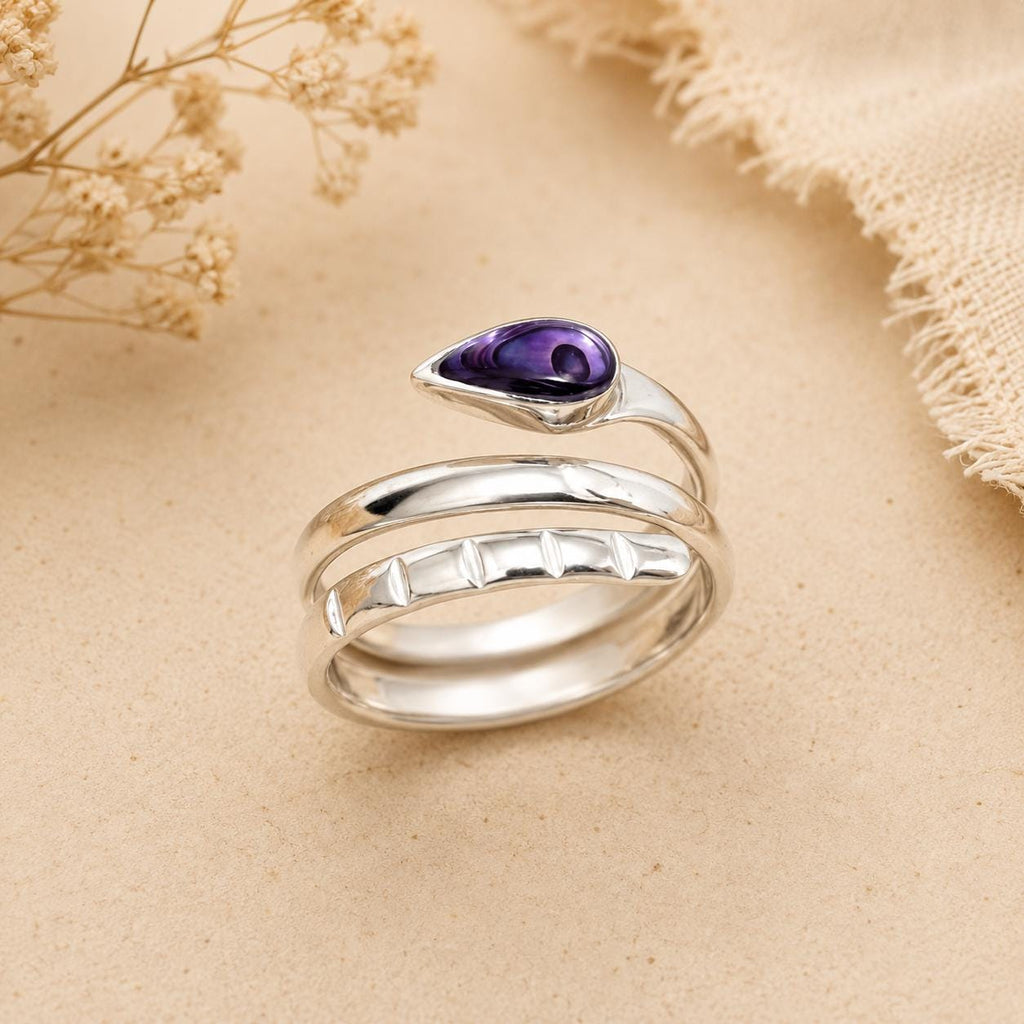Handcrafted Snake Ring with Purple Abalone, Silver Plated 950, Mexican Artisan Jewelry