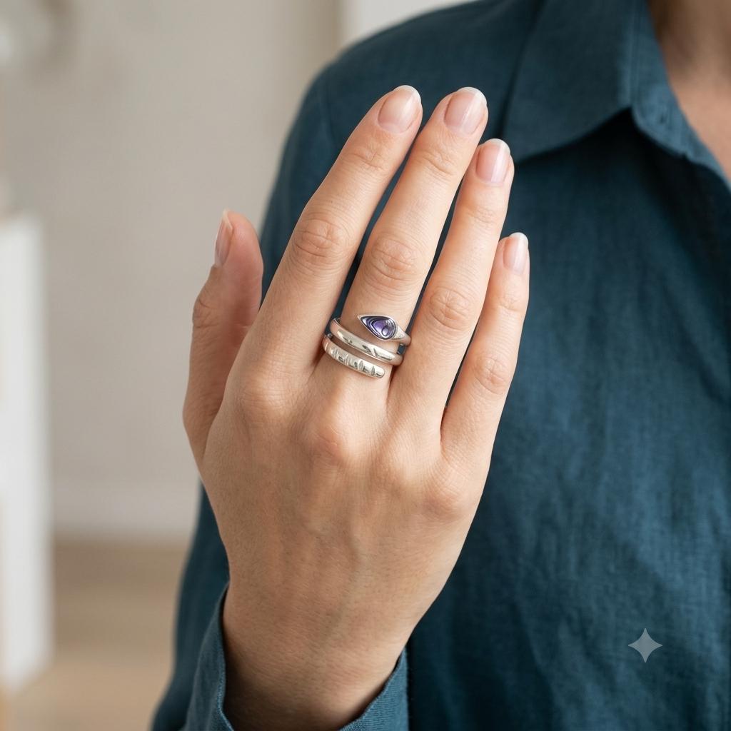 Handcrafted Snake Ring with Purple Abalone, Silver Plated 950, Mexican Artisan Jewelry