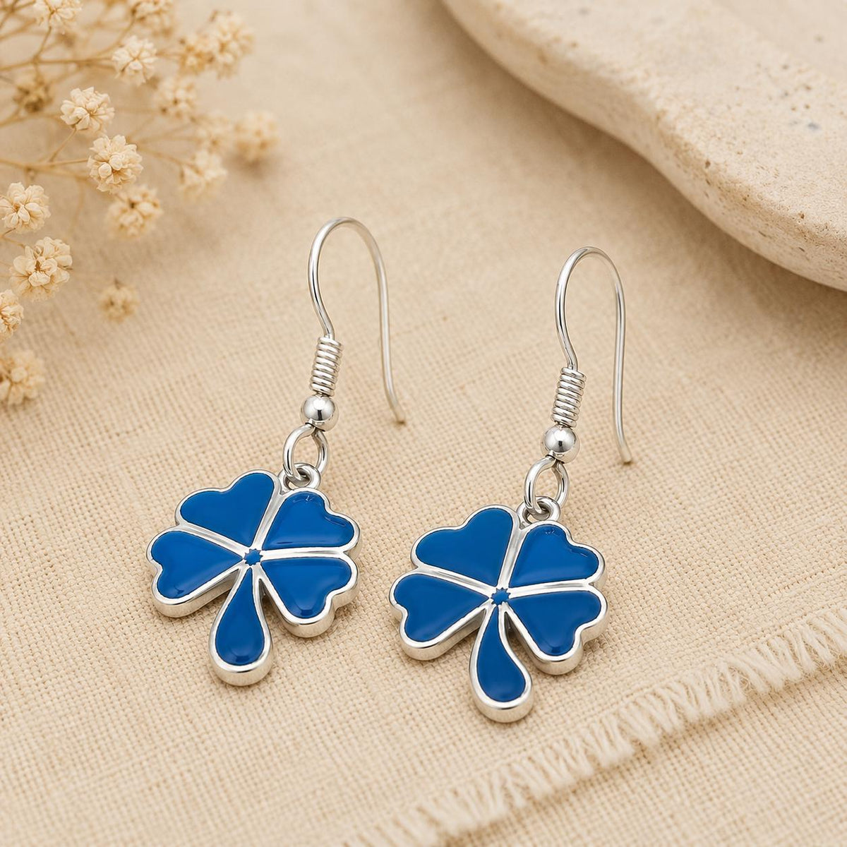 Silver Plated Blue Enamel Floral Clover Earrings, Taxco Boho Chic Style