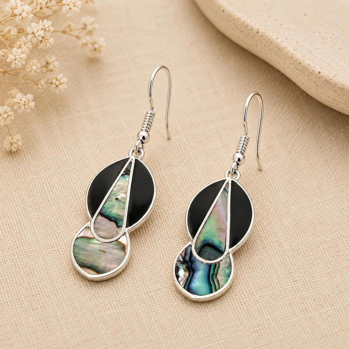 Handcrafted Mexican Silver Earrings with Abalone Shell & Resin Accents - Art Deco Geometric Design
