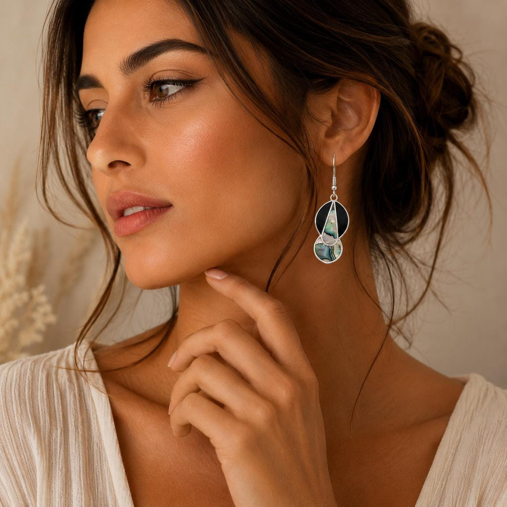 Handcrafted Mexican Silver Earrings with Abalone Shell & Resin Accents - Art Deco Geometric Design