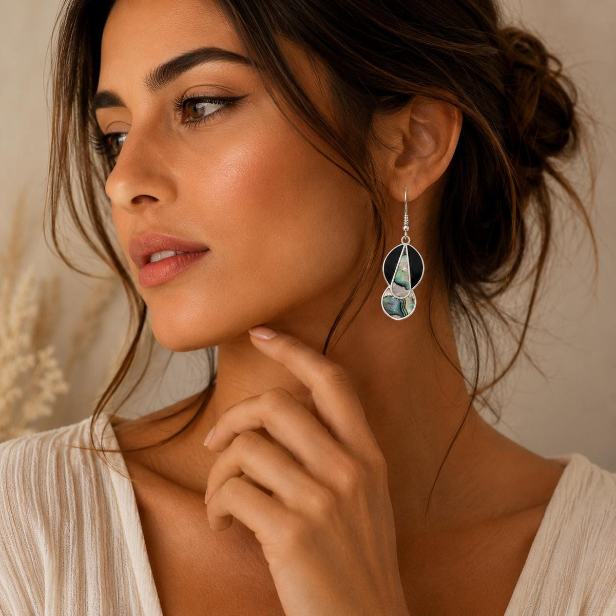 Handcrafted Mexican Silver Earrings with Abalone Shell & Resin Accents - Art Deco Geometric Design