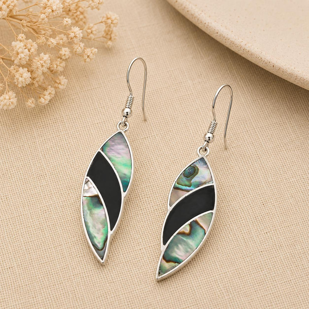Handmade Mexican Abalone Shell Earrings with Silver 950 Plating – Artisan Leaf Design Taxco