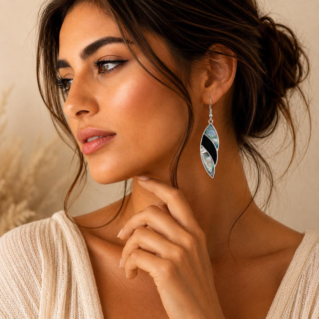 Handmade Mexican Abalone Shell Earrings with Silver 950 Plating – Artisan Leaf Design Taxco