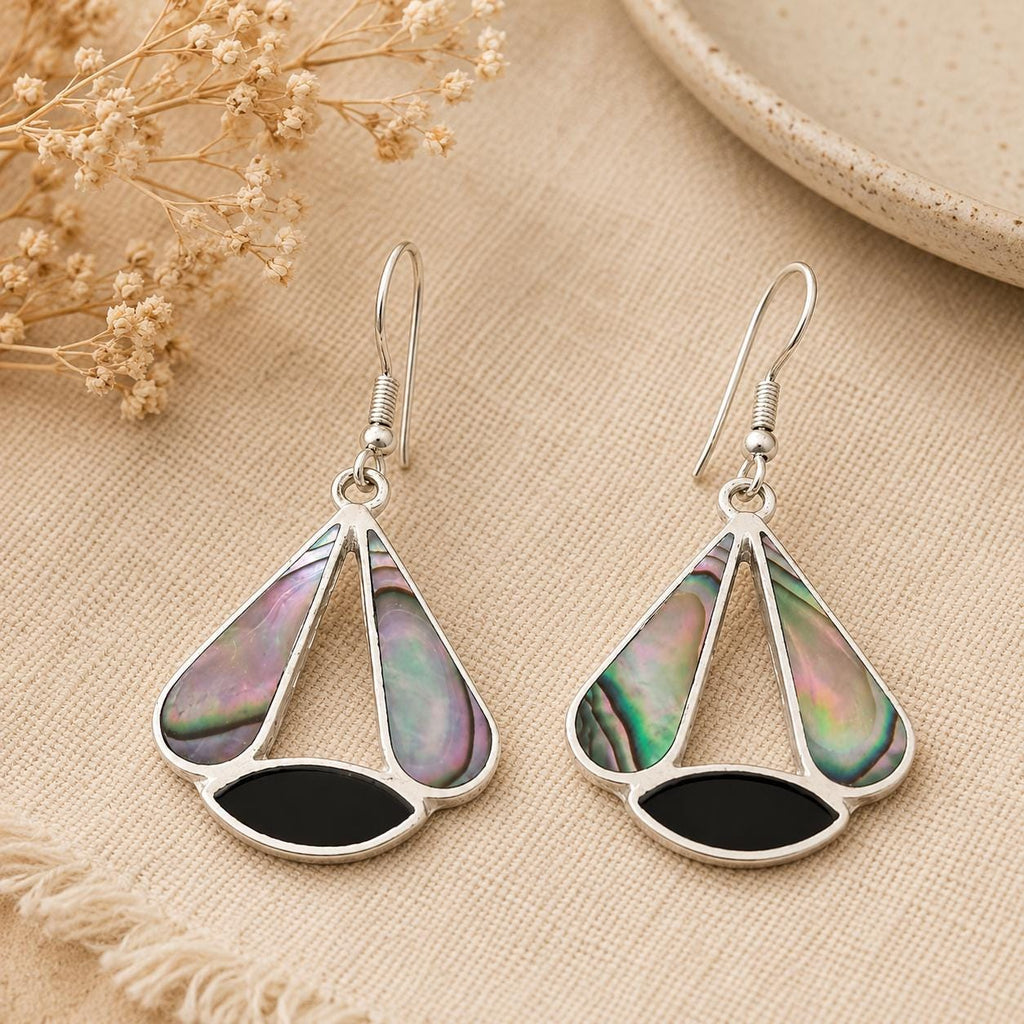 Exquisite Mexican Shell & Black Enamel Art Deco Dangle Earrings - Handmade Taxco Jewelry