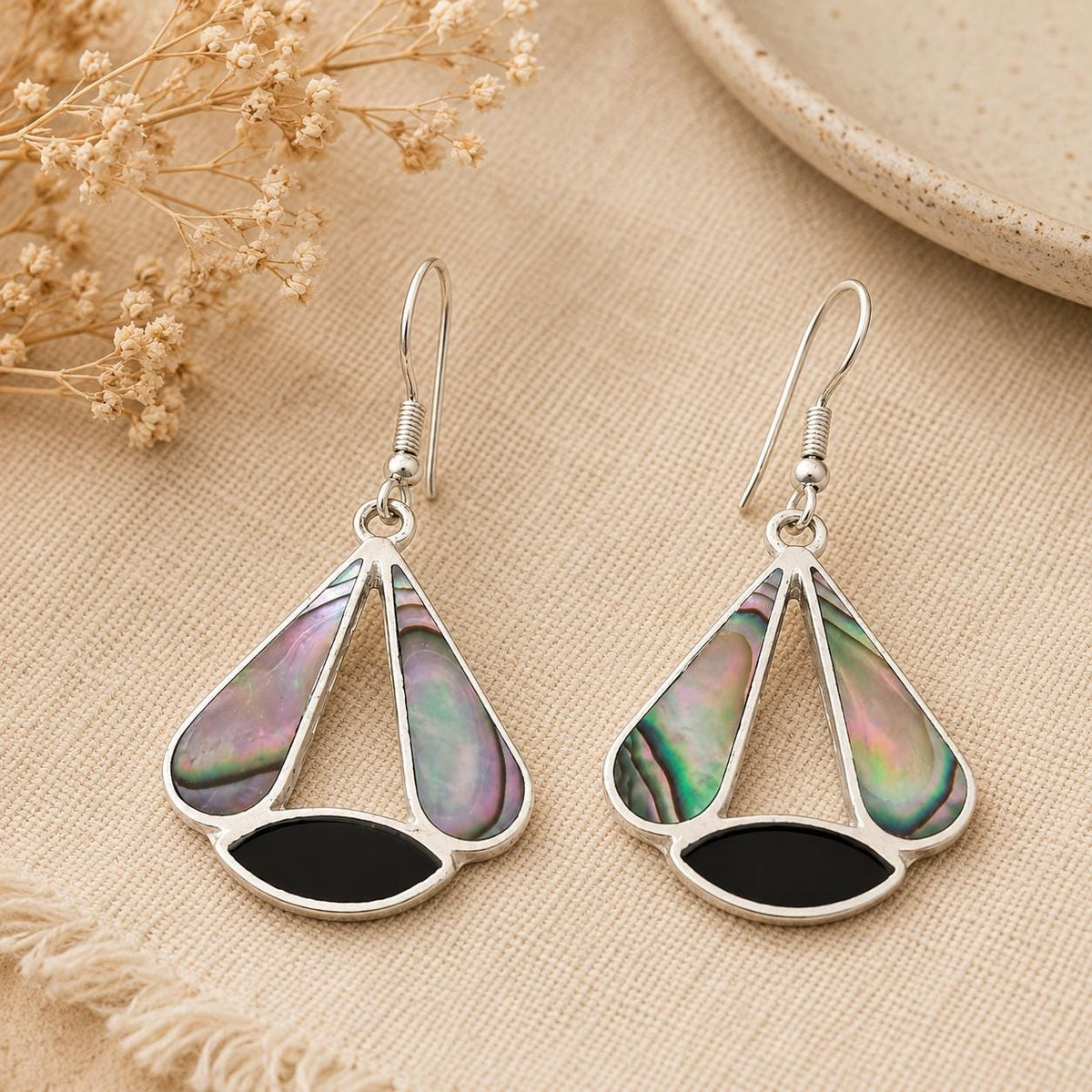 Exquisite Mexican Shell & Black Enamel Art Deco Dangle Earrings - Handmade Taxco Jewelry