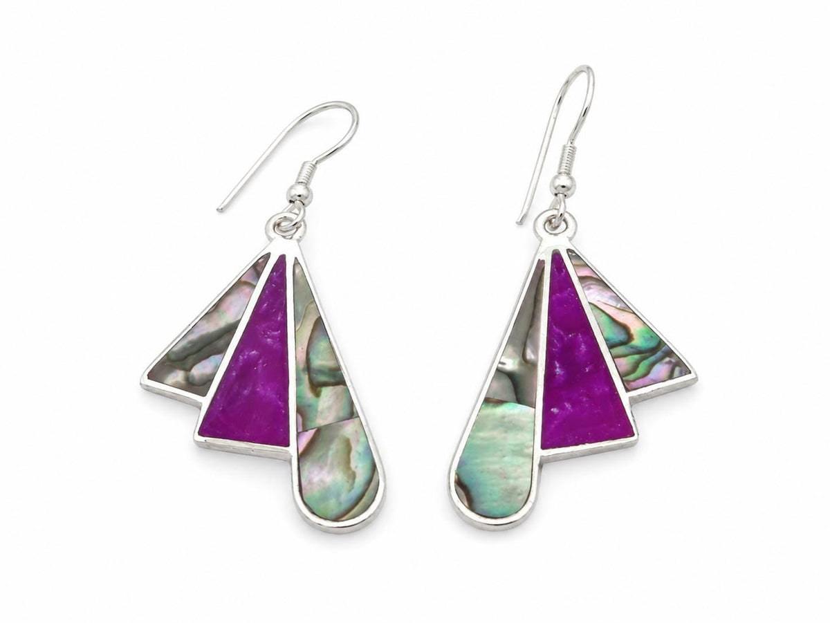 Exquisite Silver-Plated Abalone Shell Fan Earrings with Bougainvillea Resin - Handcrafted Mexican Jewelry from Taxco
