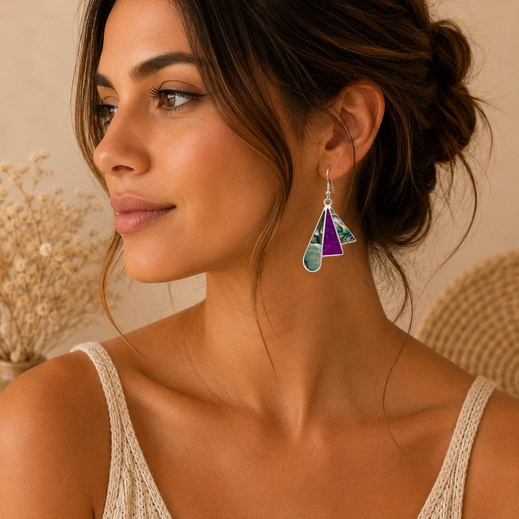Exquisite Silver-Plated Abalone Shell Fan Earrings with Bougainvillea Resin - Handcrafted Mexican Jewelry from Taxco