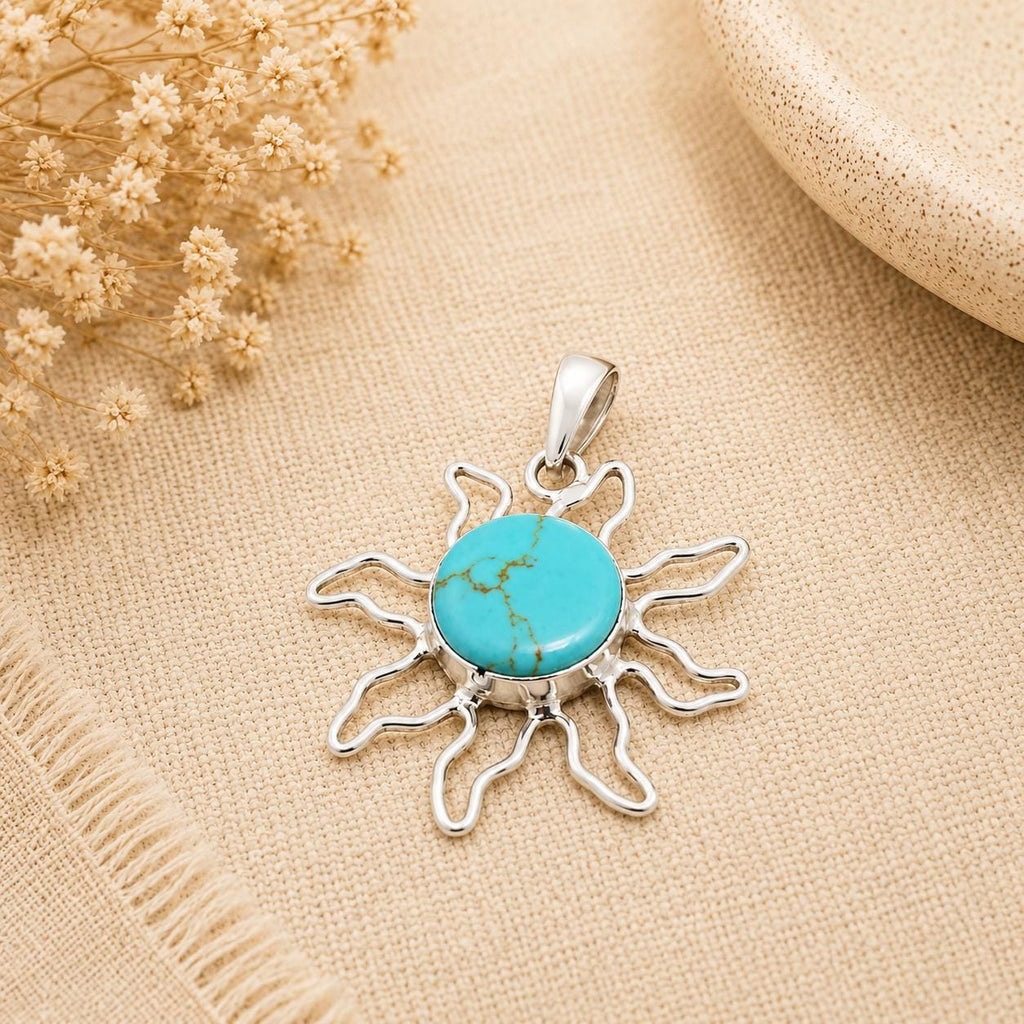 Handcrafted Turquoise Sun Pendant: Boho Chic Artisan Jewelry from Taxco, Mexico - Lightweight Cosmic Design