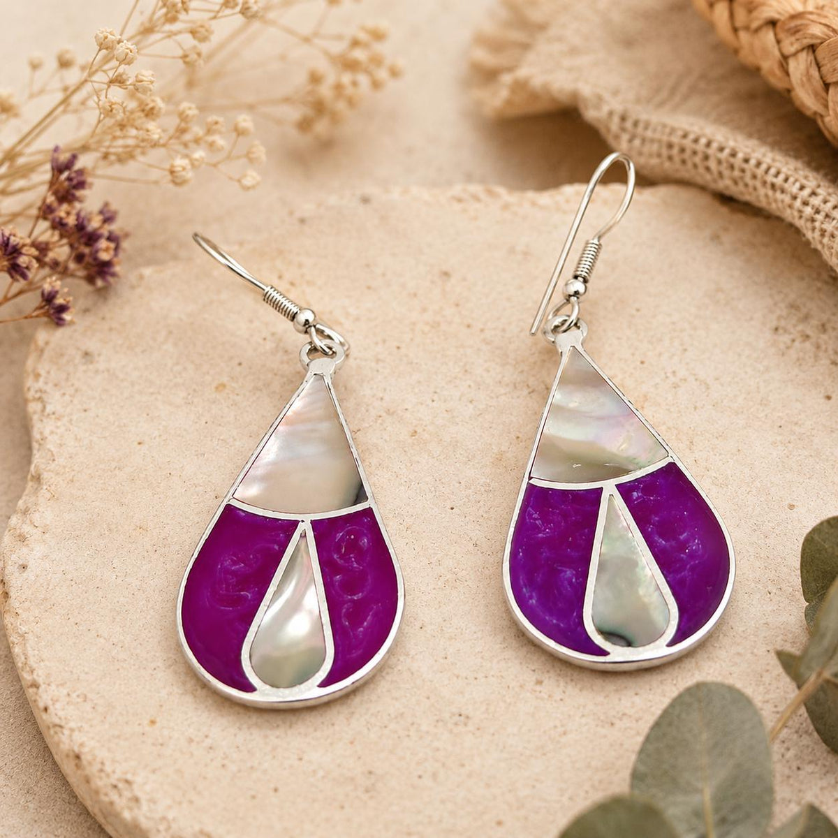 Handmade Silver Plated Mexican Abalone Shell Drop Earrings – Bougainvillea Resin Effect