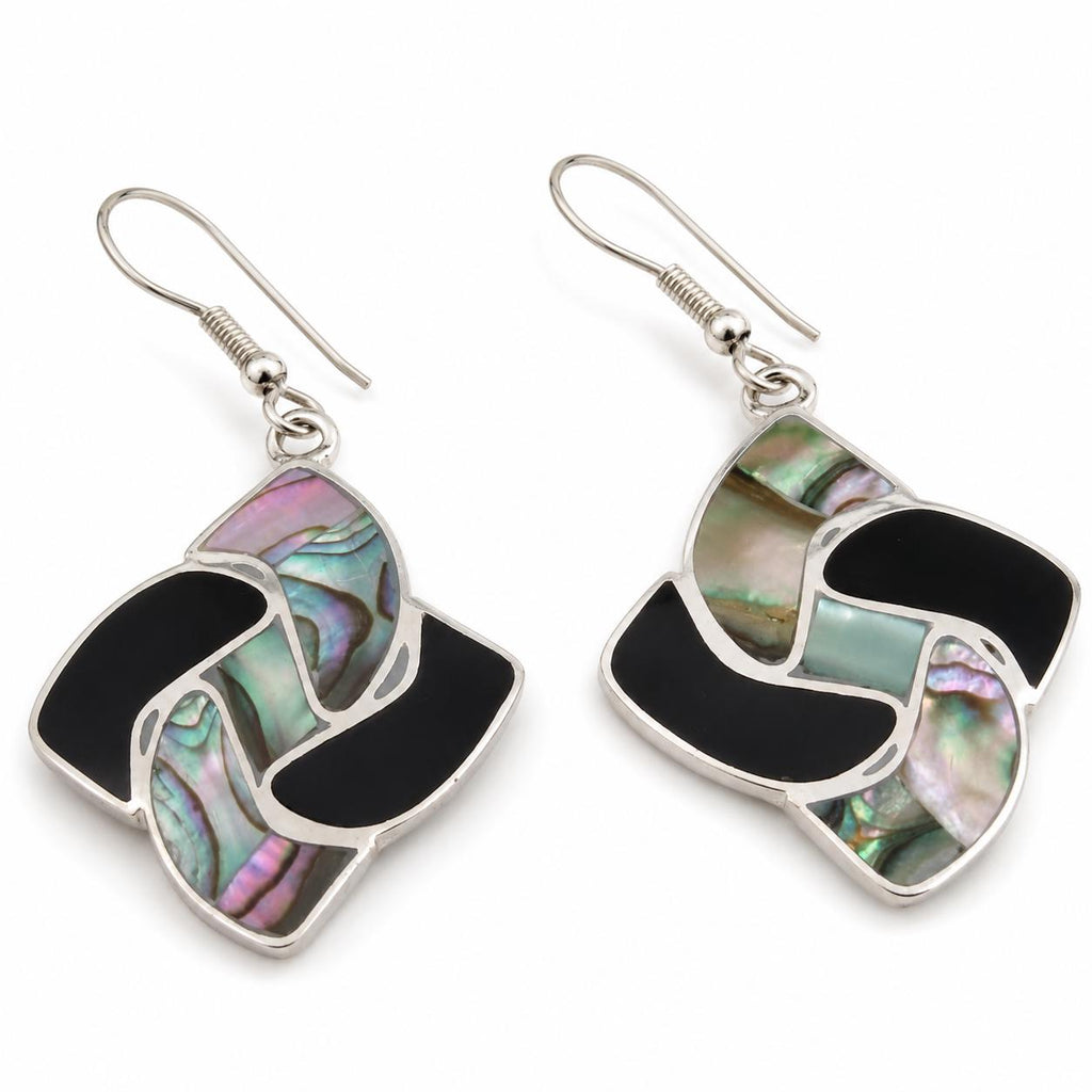 Vintage Mexican Art Deco Abalone Enamel Earrings, Taxco Silver-plated Fan Design
