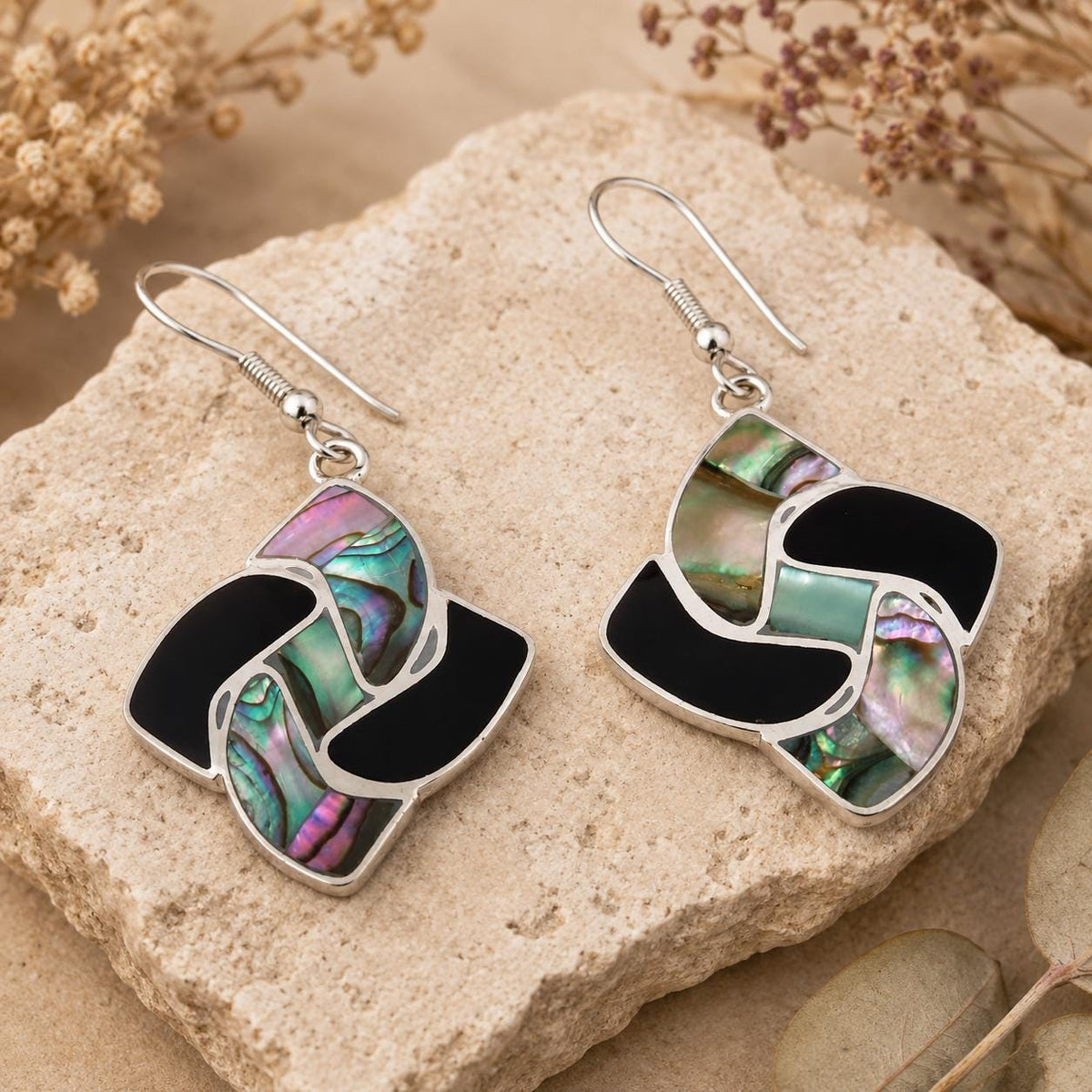 Vintage Mexican Art Deco Abalone Enamel Earrings, Taxco Silver-plated Fan Design