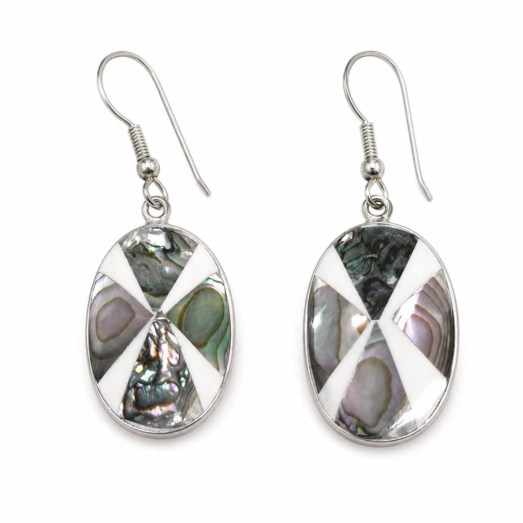 Mexican Artisan Silver Plated Abalone Inlay Geometric Earrings, Enamel Effect Shell Boho Drops