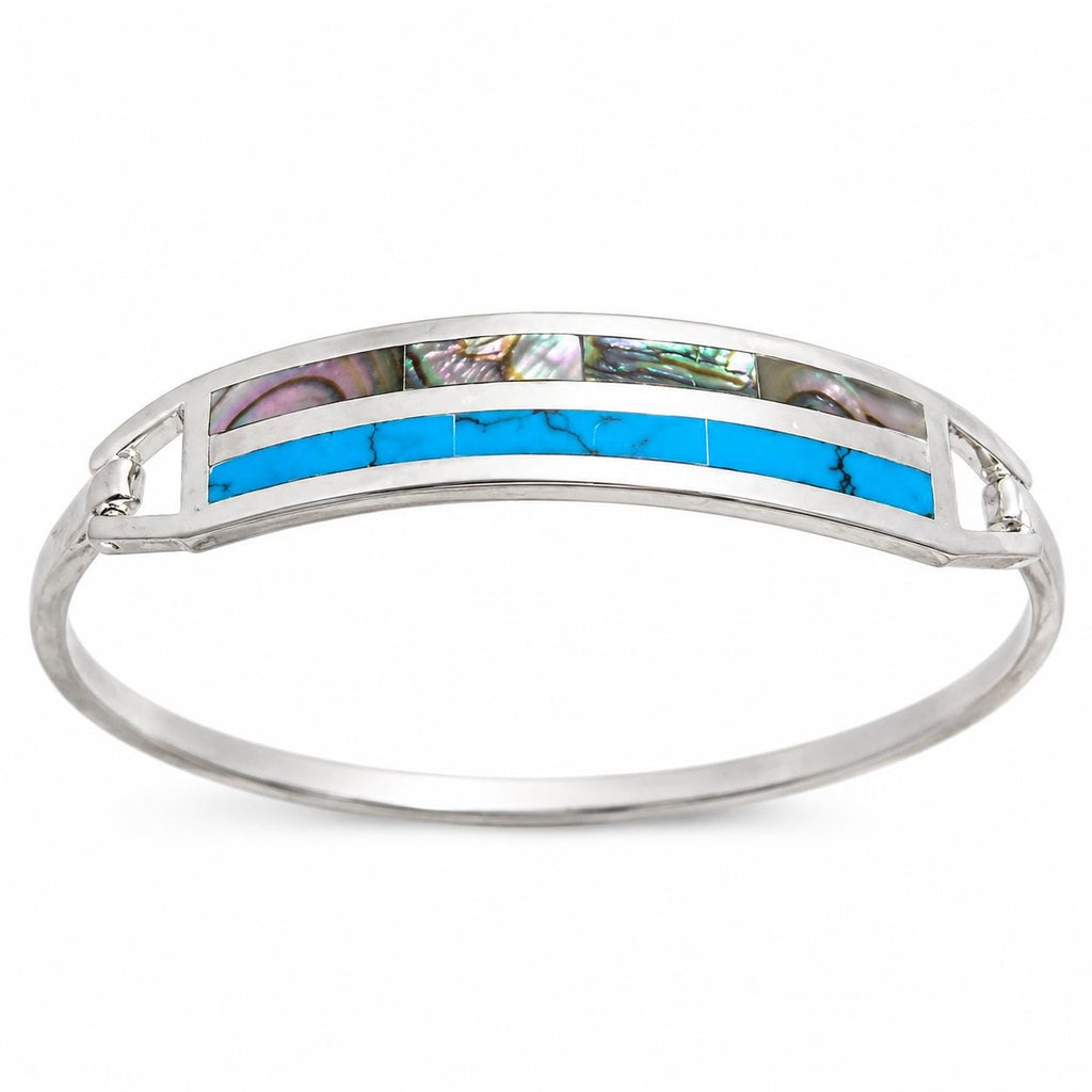 Exquisite Silver Plated Mexican Bangle with Turquoise Abalone Inlay - Handcrafted Artisan Bracelet from Taxco