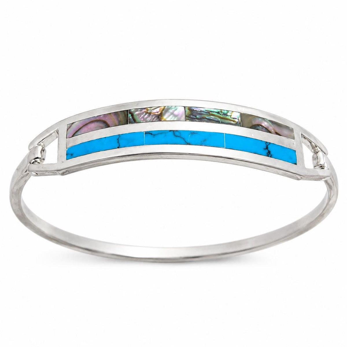 Exquisite Silver Plated Mexican Bangle with Turquoise Abalone Inlay - Handcrafted Artisan Bracelet from Taxco
