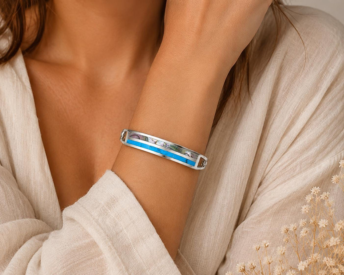 Exquisite Silver Plated Mexican Bangle with Turquoise Abalone Inlay - Handcrafted Artisan Bracelet from Taxco
