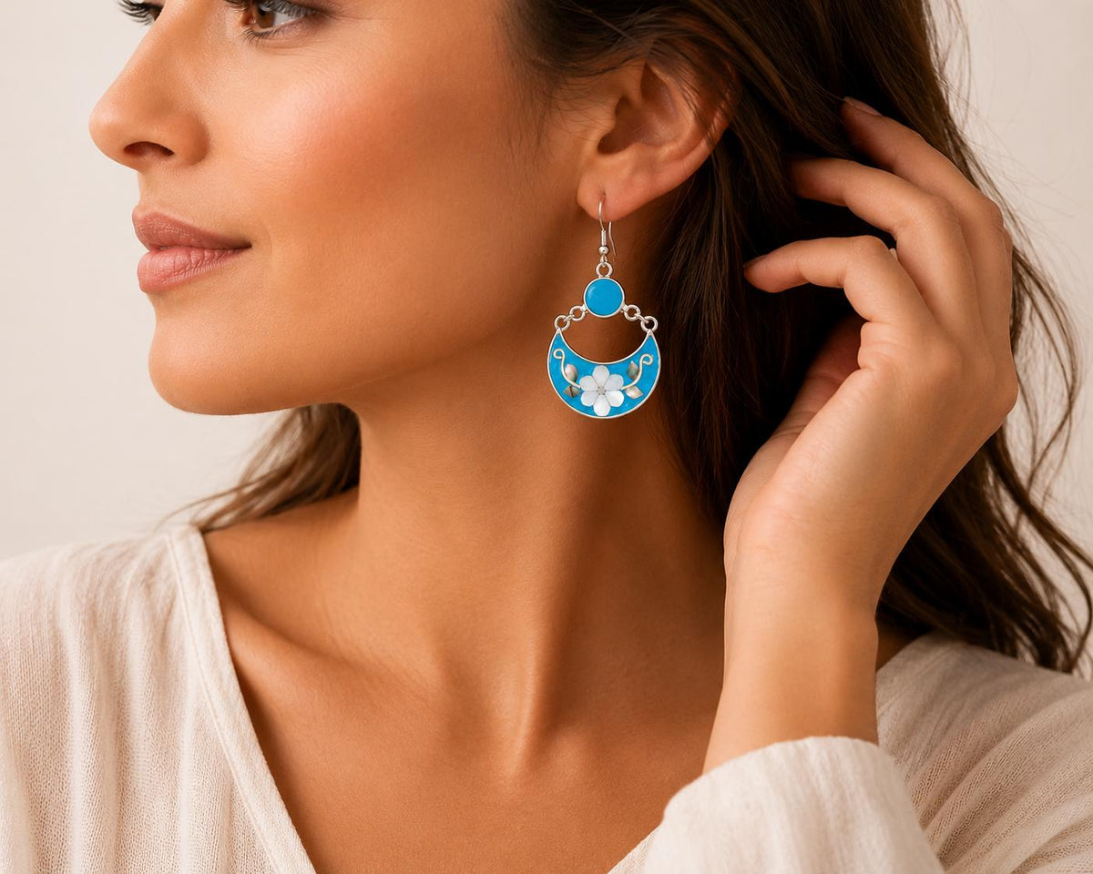 Silver Plated Floral Hoop Earrings – Blue Enamel, Mother of Pearl, Mexican Boho Chic