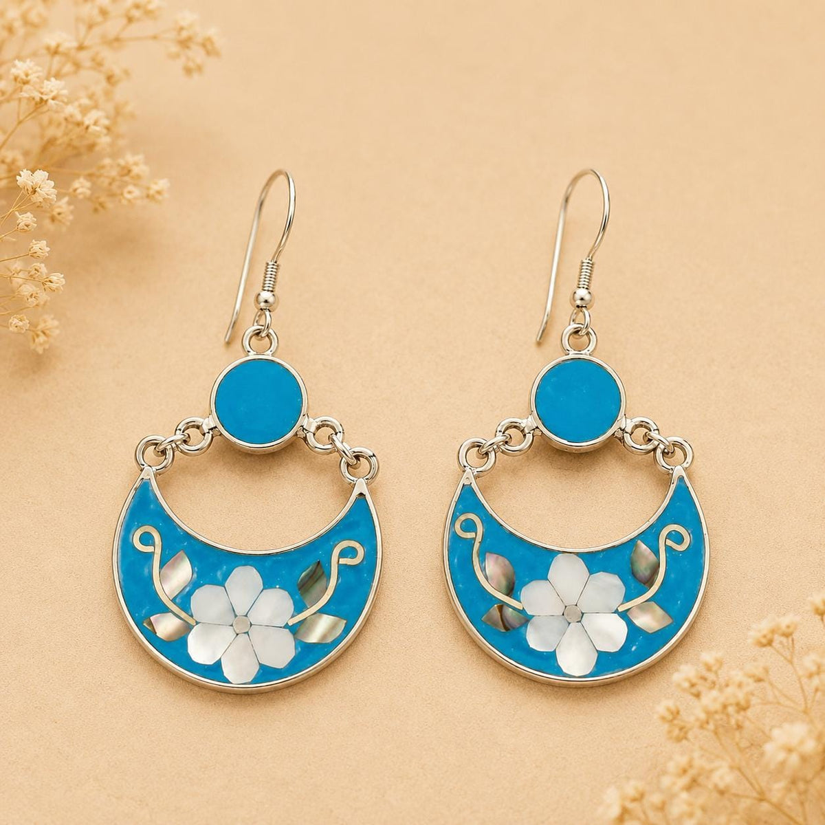 Silver Plated Floral Hoop Earrings – Blue Enamel, Mother of Pearl, Mexican Boho Chic