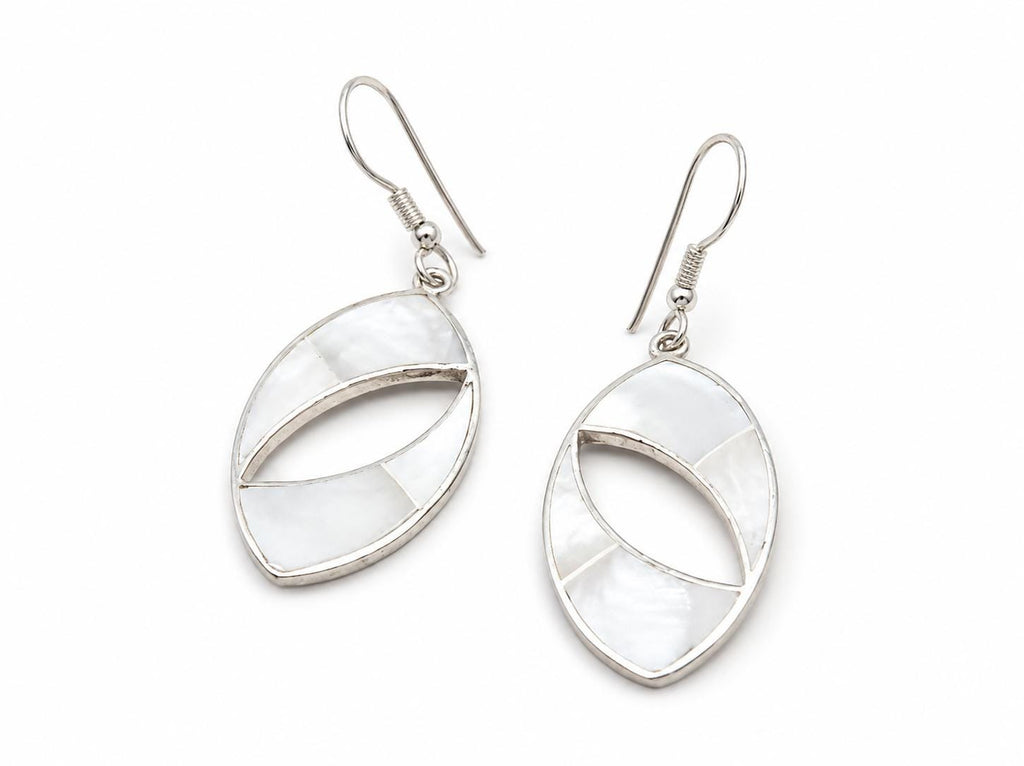 Handcrafted Mother of Pearl Silver Plated Earrings, Taxco Mexico Boho Chic Artisan Design