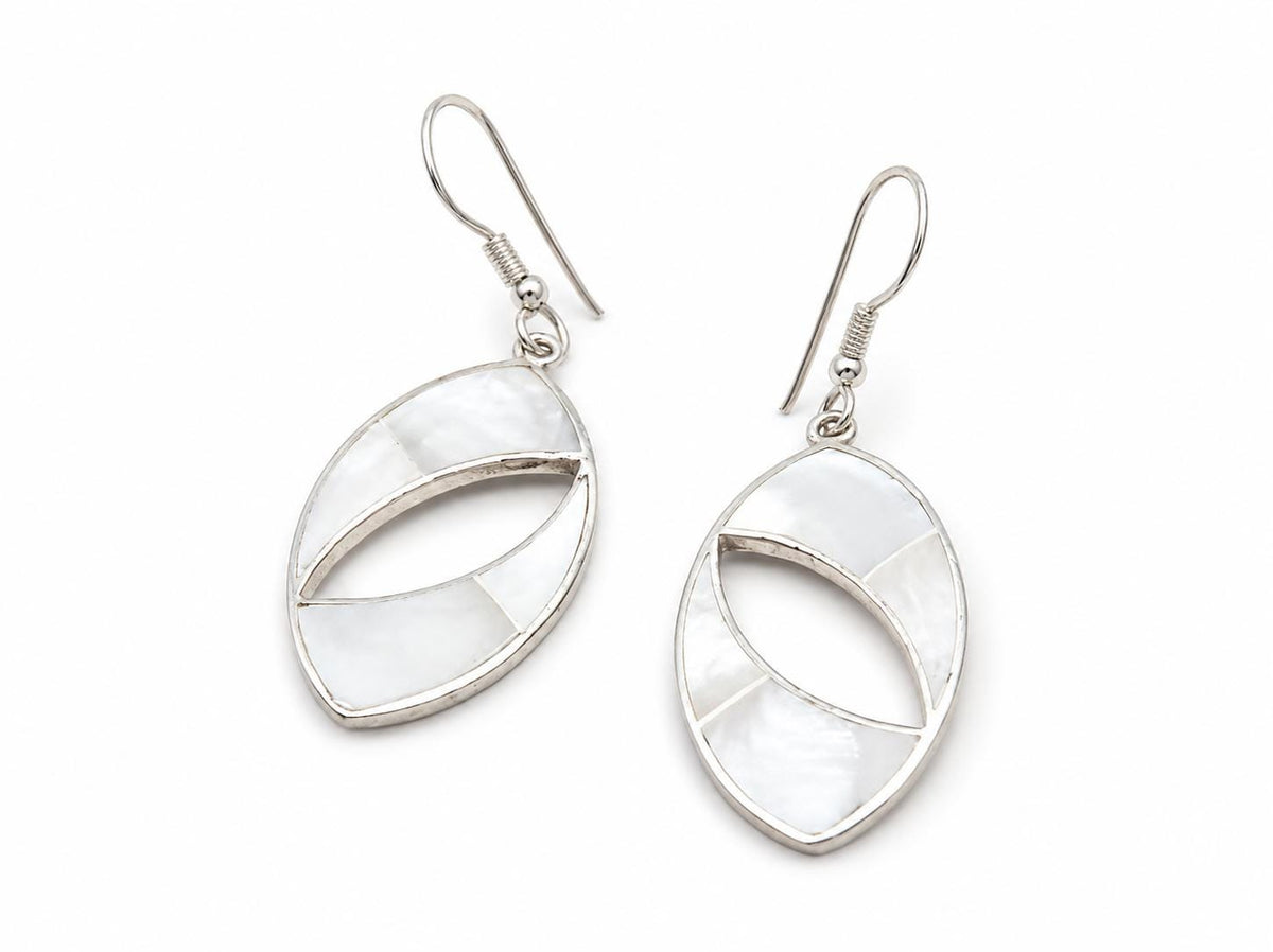 Handcrafted Mother of Pearl Silver Plated Earrings, Taxco Mexico Boho Chic Artisan Design