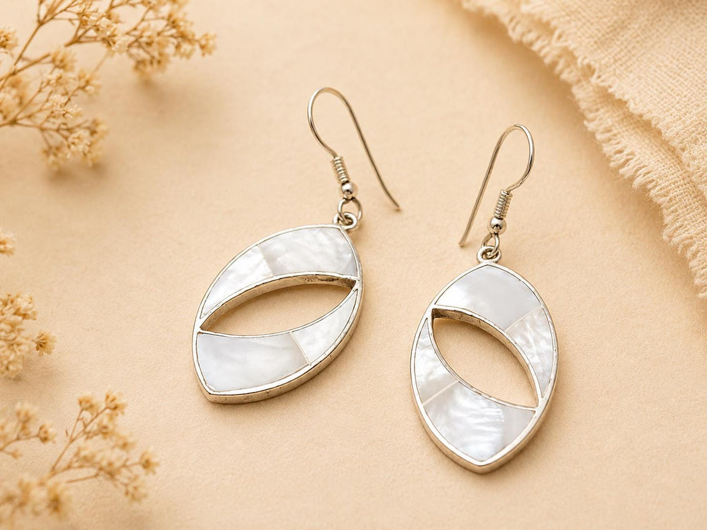 Handcrafted Mother of Pearl Silver Plated Earrings, Taxco Mexico Boho Chic Artisan Design