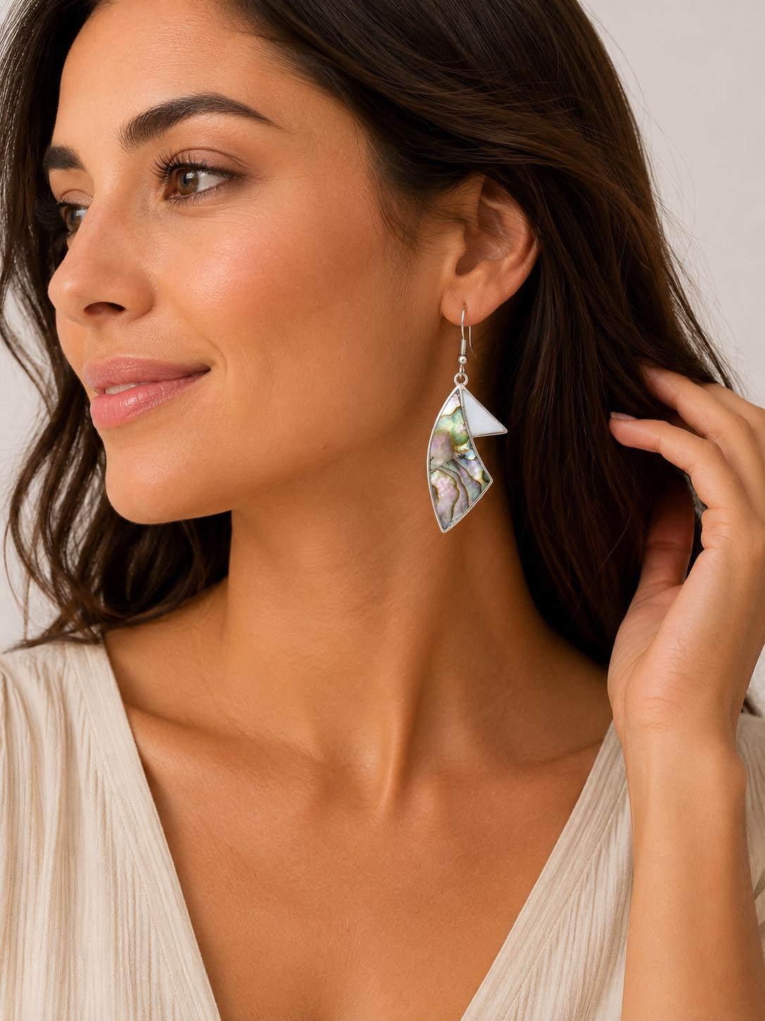 Silver Plated Abalone Earrings - Mexican Artisan Bohochic Geometric Jewelry