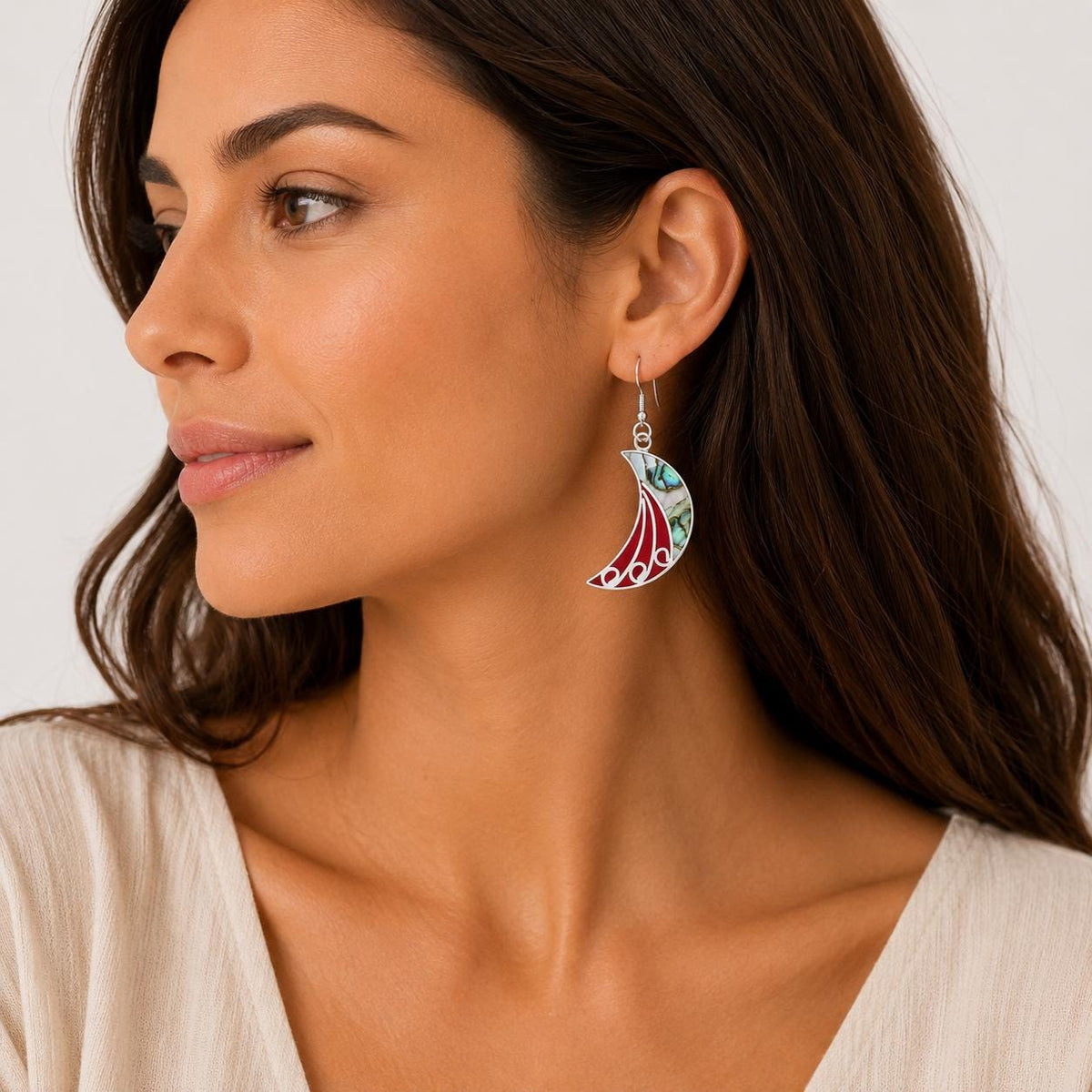 Abalone Shell Crescent Moon Earrings – Red Resin, Silver Plated, Taxco Artisan Jewelry