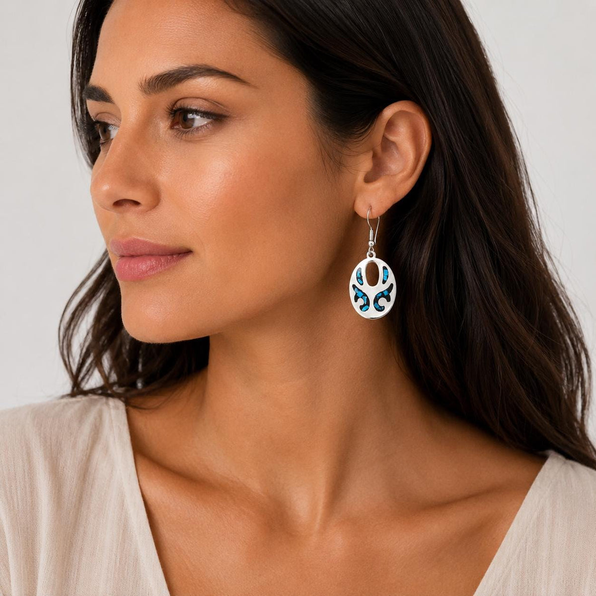 Silver Plated Turquoise Chip Inlay Earrings, Handmade Taxco Azteca Style Geometric Design