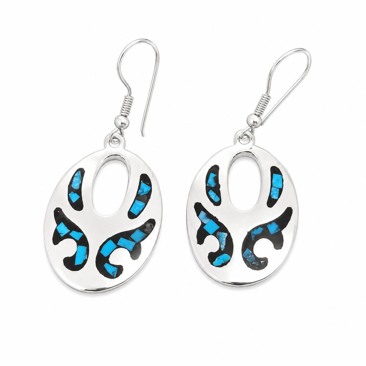Silver Plated Turquoise Chip Inlay Earrings, Handmade Taxco Azteca Style Geometric Design