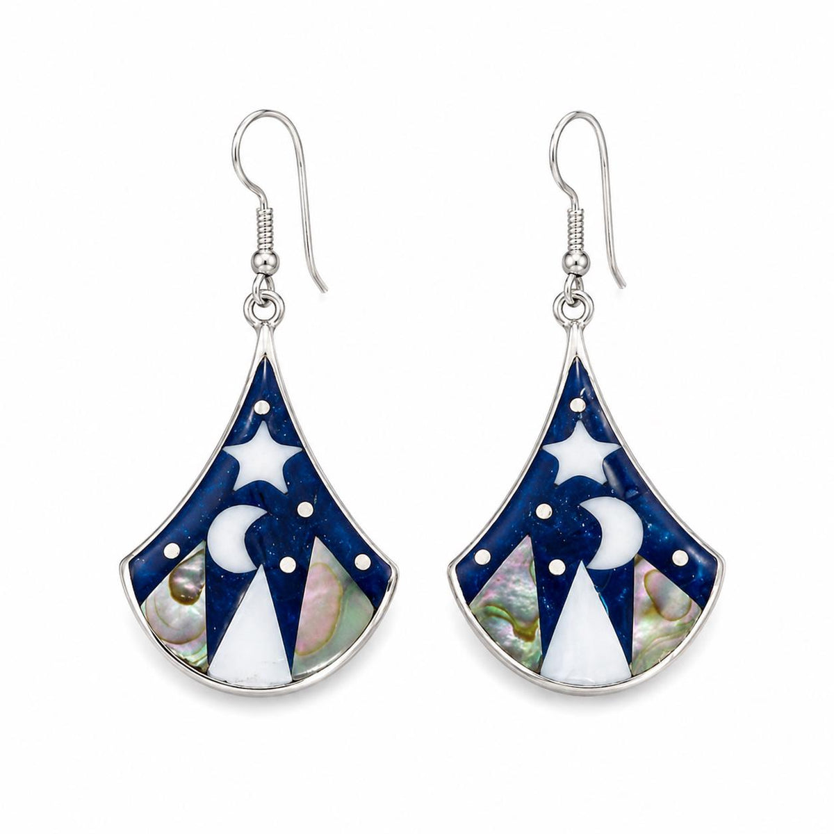 Silver Plated Moon Star Earrings – Abalone Shell, Mother of Pearl, Boho Chic Mexican Jewelry