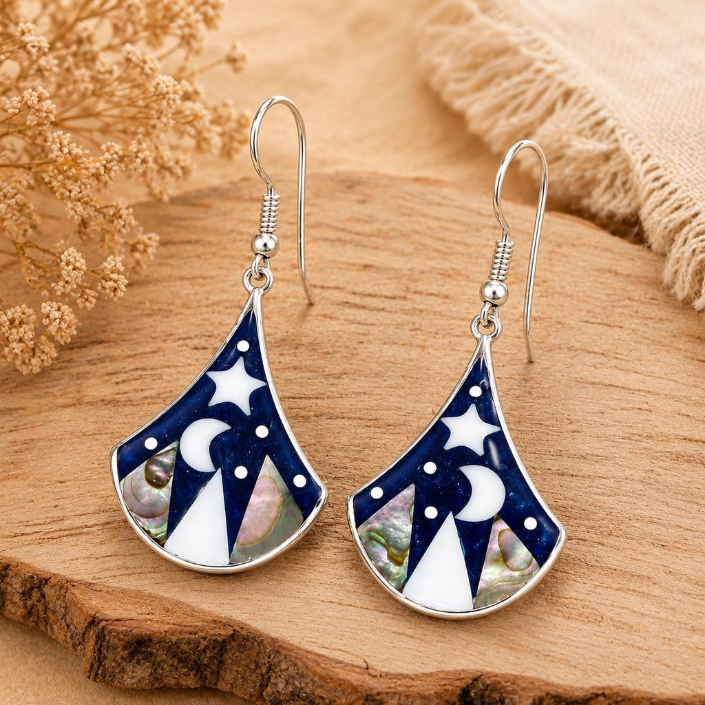 Silver Plated Moon Star Earrings – Abalone Shell, Mother of Pearl, Boho Chic Mexican Jewelry