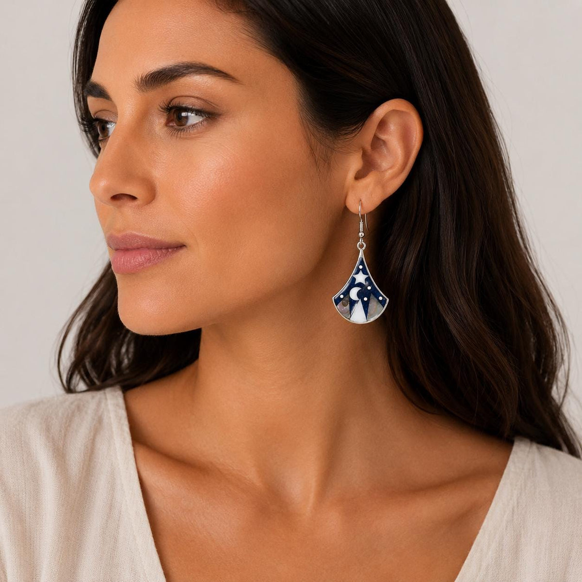 Silver Plated Moon Star Earrings – Abalone Shell, Mother of Pearl, Boho Chic Mexican Jewelry