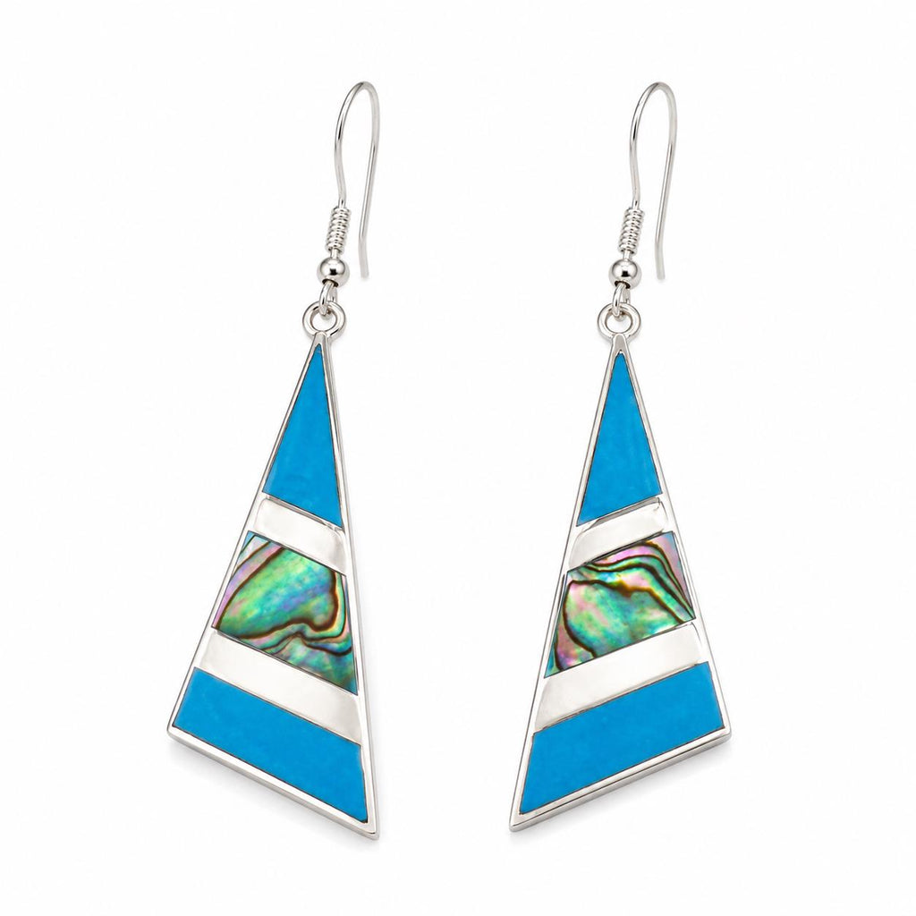Geometric Abalone Inlay Earrings: Silver Plated Mexican Artisan Jewelry, Triangle Design
